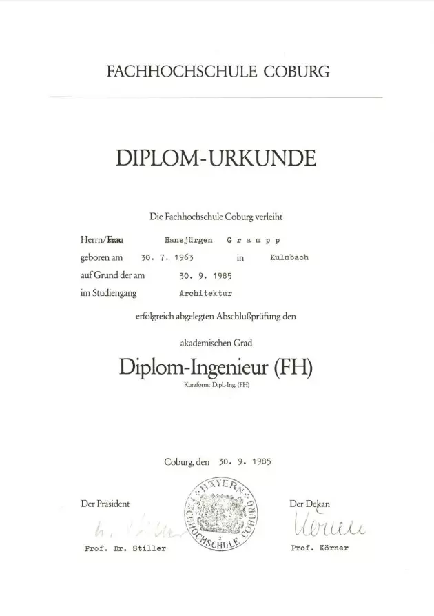 Diplom-Urkunde Hansjürgen Grampp