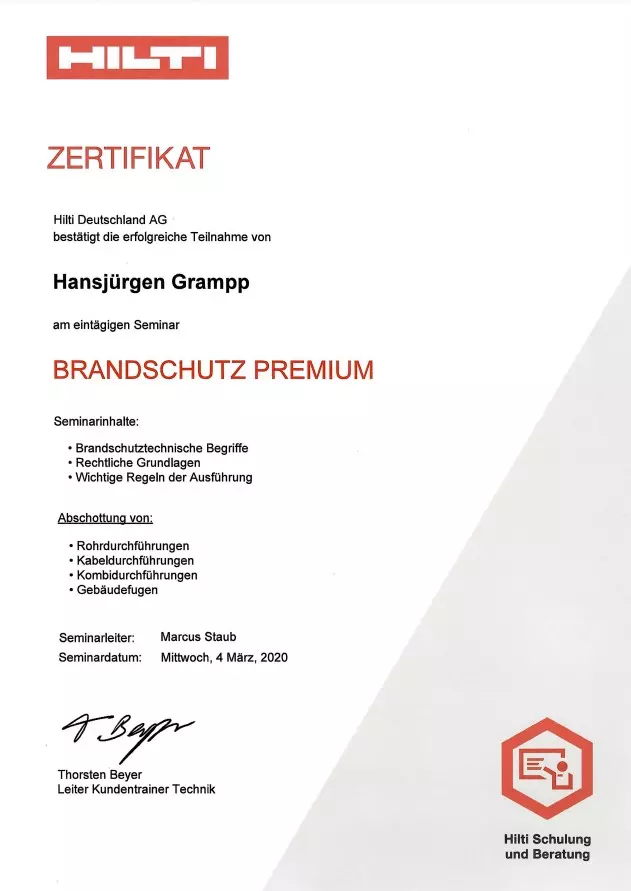 Zertifikat Hilti Brandschutz Premium
